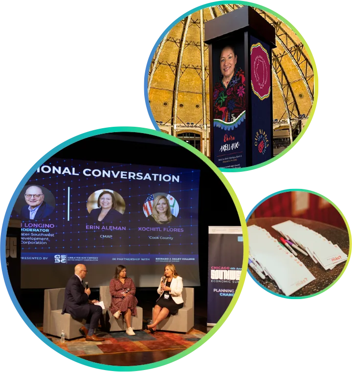 Headturn event creative in action: a panel discussion on stage at the Chicago Southwest Economic Summit with branded screen graphics, a custom honoree signage tower, and branded table cards